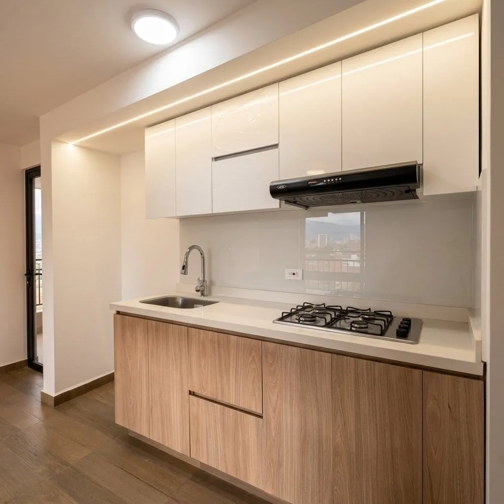 Cocina contemporánea con acabados sobrios, iluminación integrada y una composición funcional que equilibra calidez, orden y sofisticación.