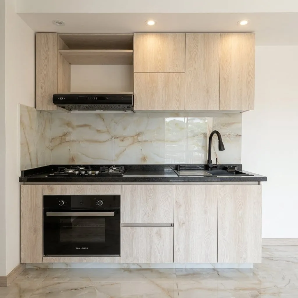 Cocina de líneas sobrias y acabados premium, creada para combinar estilo y practicidad.